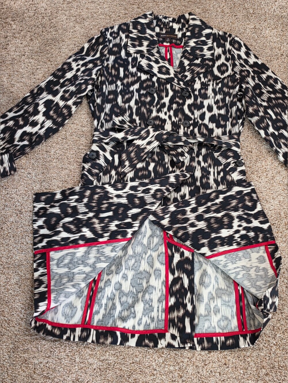 Dana Buchman Multi-Tonal Brown Black Leopard Animal Double-Breasted Trench Med